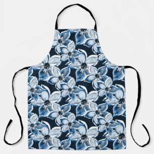  Blue, white flowers on a black background.  Apron