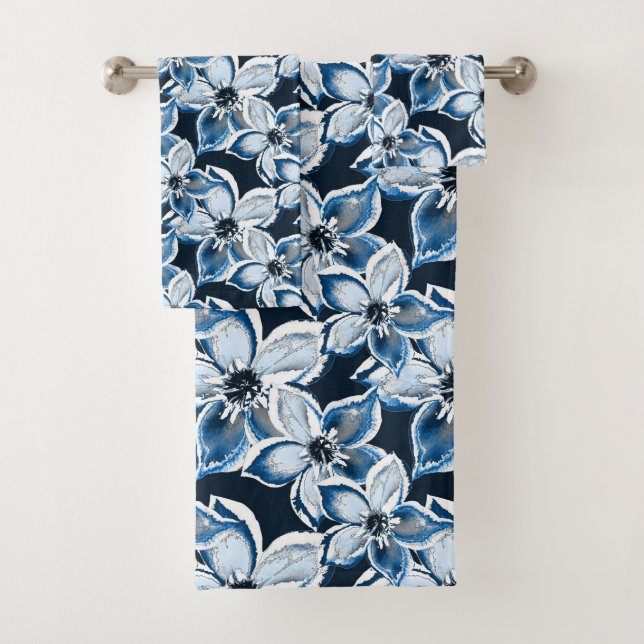  Blue, white flowers on a black background.  Bath Towel Set (Insitu)