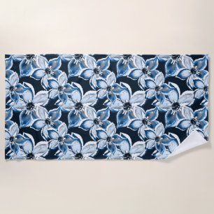 Blue, white flowers on a black background. Beach Towel