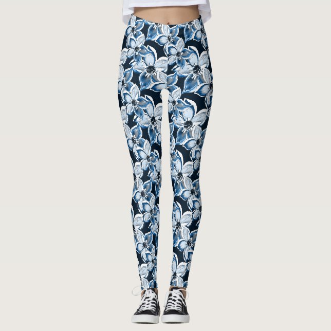  Blue, white flowers on a black background.  Leggings (Front)