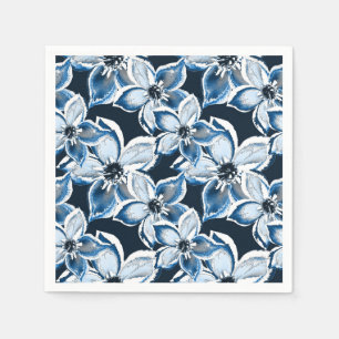 Blue, white flowers on a black background. Napkin