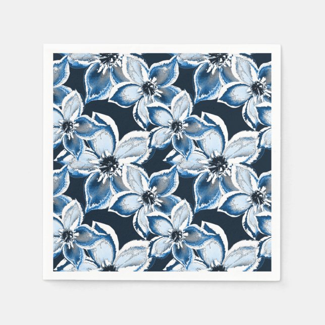  Blue, white flowers on a black background.  Napkin (Front)