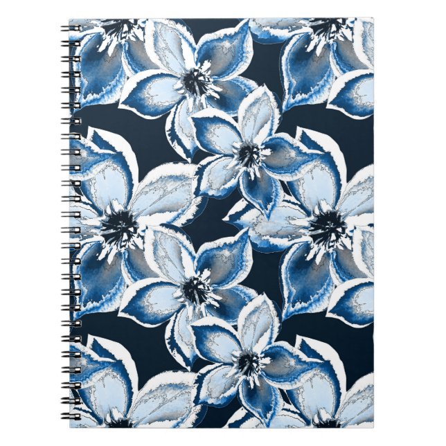  Blue, white flowers on a black background.  Notebook (Front)