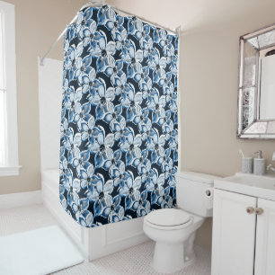  Blue, white flowers on a black background.  Shower Curtain