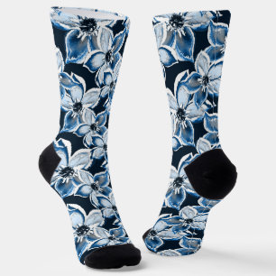 Blue, white flowers on a black background. Socks