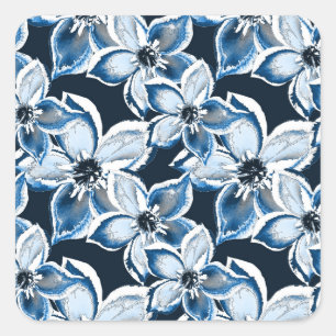  Blue, white flowers on a black background.  Square Sticker
