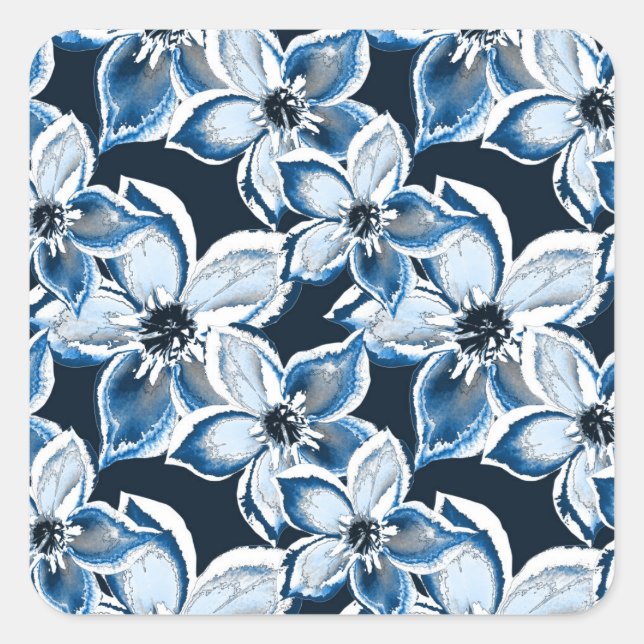  Blue, white flowers on a black background.  Square Sticker (Front)