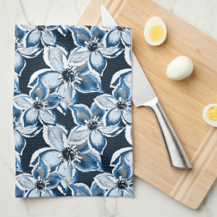  Blue, white flowers on a black background.  Tea Towel