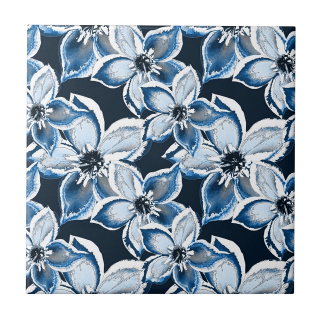  Blue, white flowers on a black background.  Tile (Front)