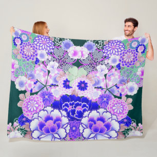 BLUE WHITE FLOWERS Peony,Roses Japanese Floral Fleece Blanket