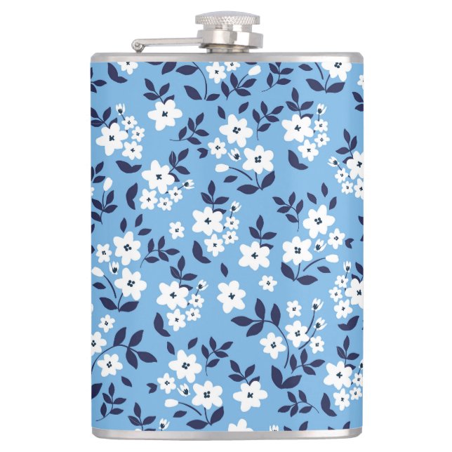 Blue, White Flowers: Vintage Hip Flask (Front)