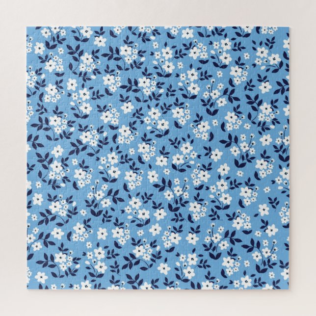 Blue, White Flowers: Vintage Jigsaw Puzzle (Vertical)