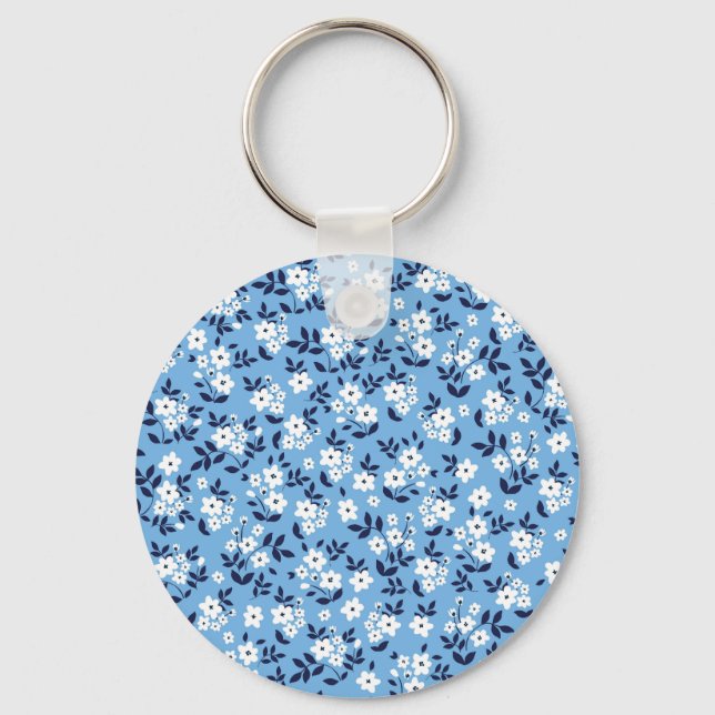 Blue, White Flowers: Vintage Key Ring (Front)