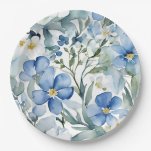 Blue White Flowers Watercolor Chic Paper Plate