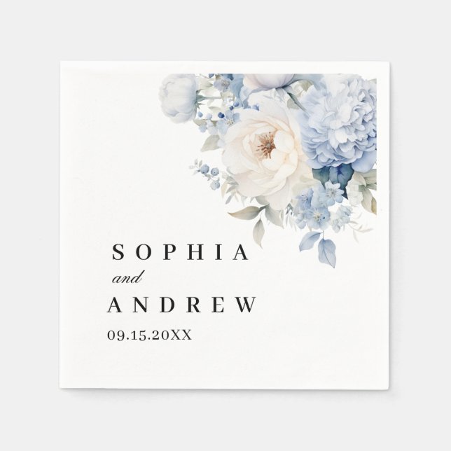 Blue & White Flowers Wedding Napkins (Front)
