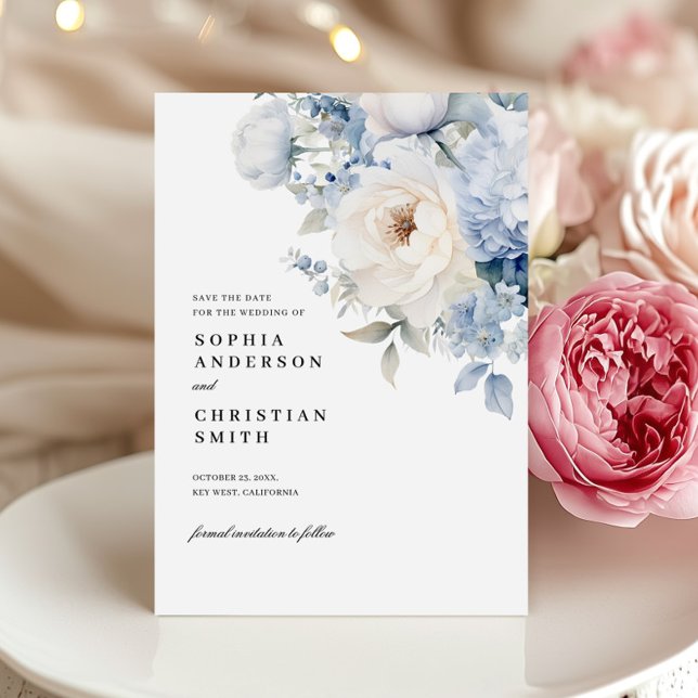 Blue & White Flowers Wedding Save The Date Card (Creator Uploaded)