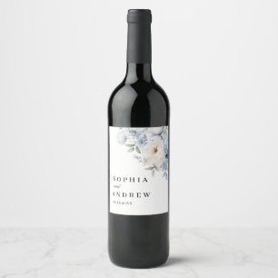 Blue & White Flowers Wedding Wine Label