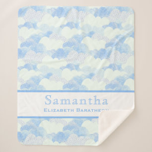 Blue & White Fluffy Clouds Personalised Name Sherpa Blanket