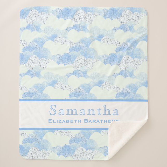 Blue & White Fluffy Clouds Personalised Name Sherpa Blanket (Front)