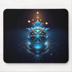Blue White Fractal Design With Stars Mouse Pad