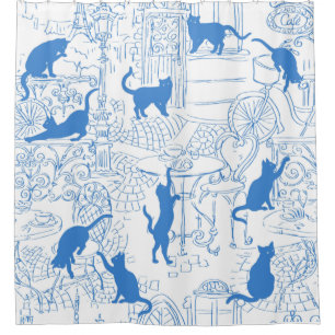 Blue White French Cat Paris Cafe Shower Curtain