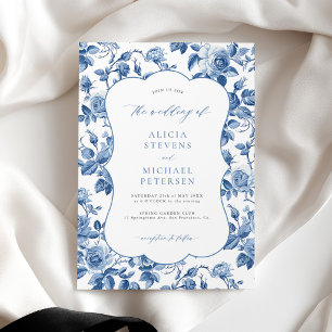 Blue white French floral classic wedding Invitation
