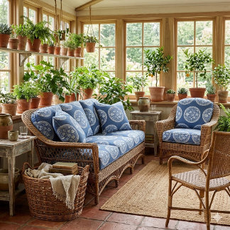 Blue White French Toile Circular Frame Whimsical  Fabric