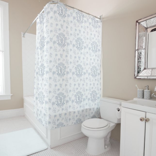 Blue White French Toile Monogram Name Pattern Shower Curtain (In Situ)