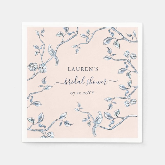 Blue & white French toile on Pink Bridal Shower Napkin (Front)