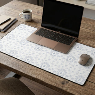 Blue White French Toile Pattern Monogram Desk Mat