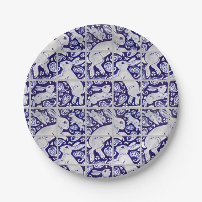 Blue White Fun Bunny Rabbit Tile Paisley Garden Paper Plate (Front)