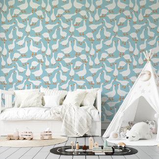 Blue White Fun Geese Seamless Pattern Wallpaper