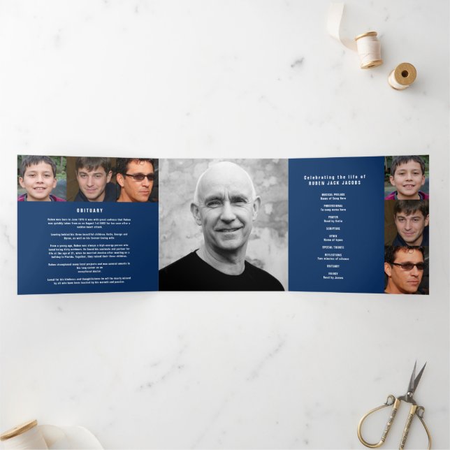 Blue white Funeral service mono custom photos Tri-Fold Programme (Inside)