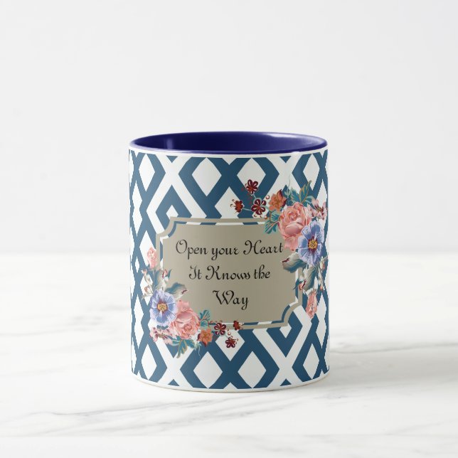 Blue/White Geometric Floral Mug Open Your Heart (Center)