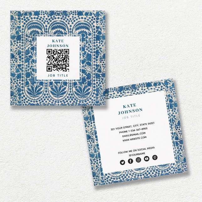 Blue White Geometric QR Code Social Media Icons Square Business Card (Creator Uploaded)
