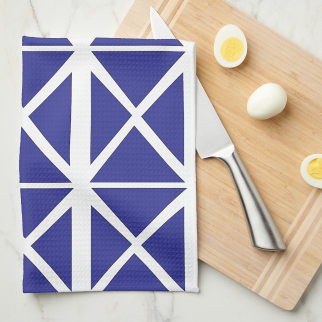Blue White Geometric Triangle Pattern     Tea Towel (Quarter Fold)