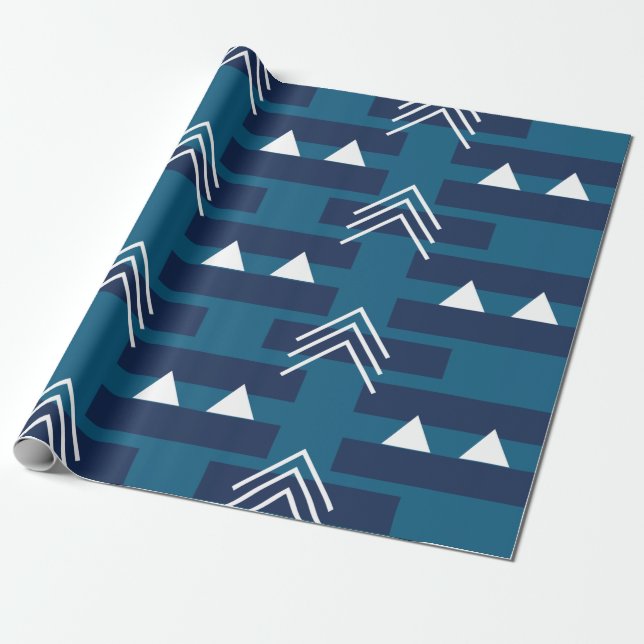 Blue White Geometric  Wrapping Paper (Unrolled)