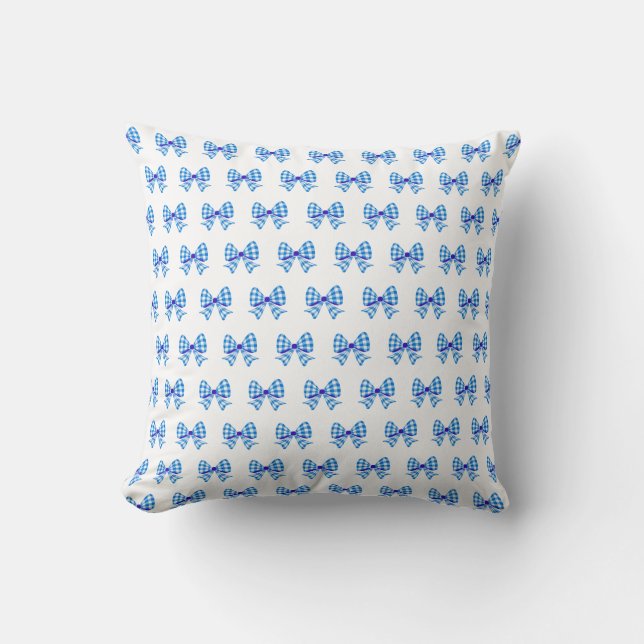Blue-white gingham bow pattern cushion (Front)