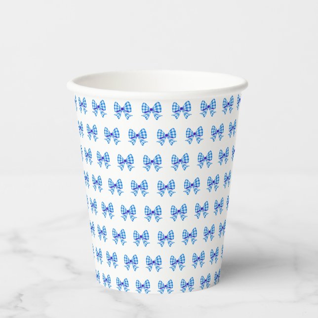 Blue-white gingham bow pattern paper cups (Front)