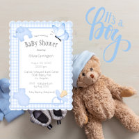 Blue White Gingham Boy Baby Shower Invitation