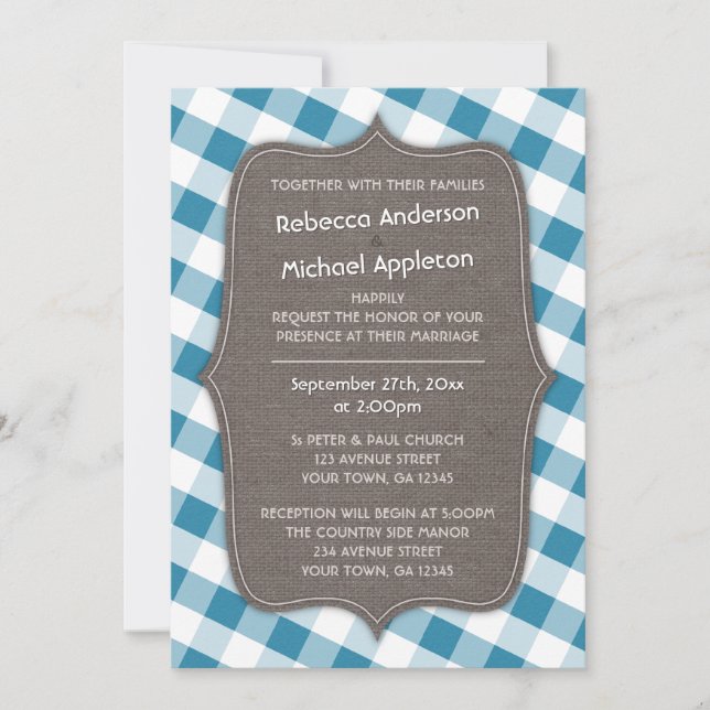 Blue & White Gingham Canvas Wedding Invitations (Front)