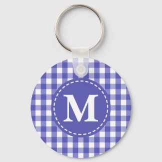 Blue White Gingham Check Pattern Monogram Key Ring