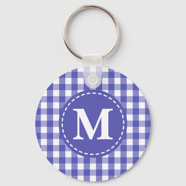 Blue White Gingham Check Pattern Monogram Key Ring (Front)