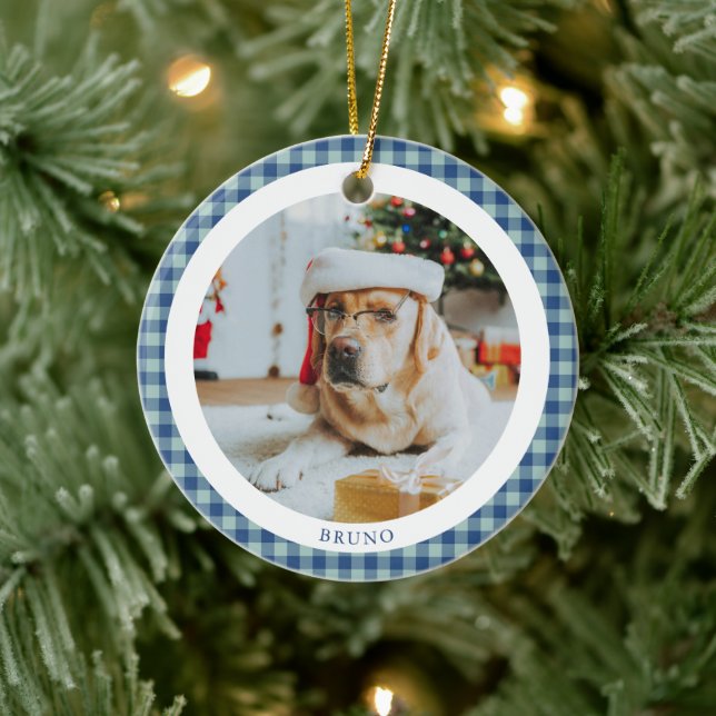 Blue White Gingham Dog Pet Photo Custom Name Ceramic Tree Decoration (Tree)