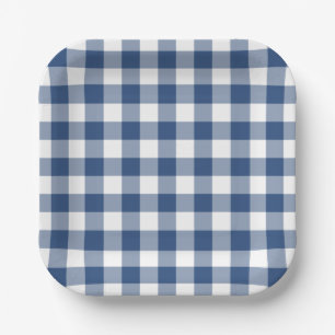 Blue White Gingham Pattern Paper Plate