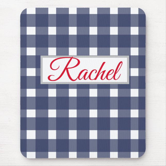 Blue White Gingham Personalised Mouse Pad (Front)