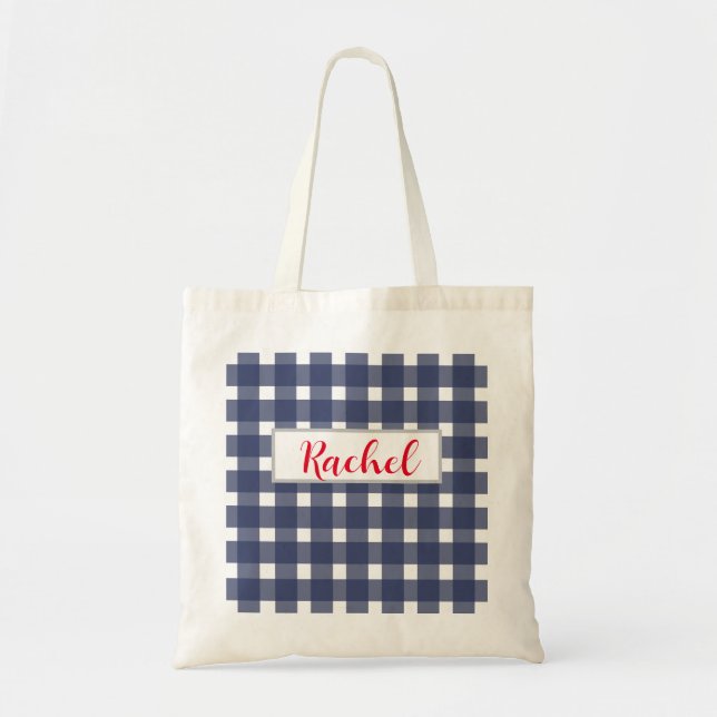 Blue White Gingham Personalised Tote Bag (Front)