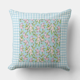 Blue White Gingham, Pink Apple Blossom on Blue Cushion