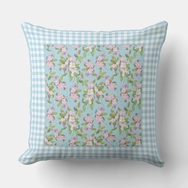 Blue White Gingham, Pink Apple Blossom on Blue Cushion (Front)