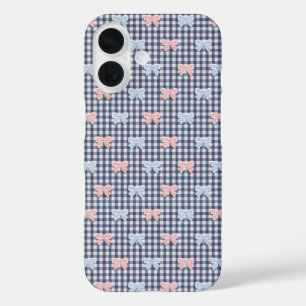 Blue White Gingham Pink Blue Coquette Bows Trendy  iPhone 16 Case